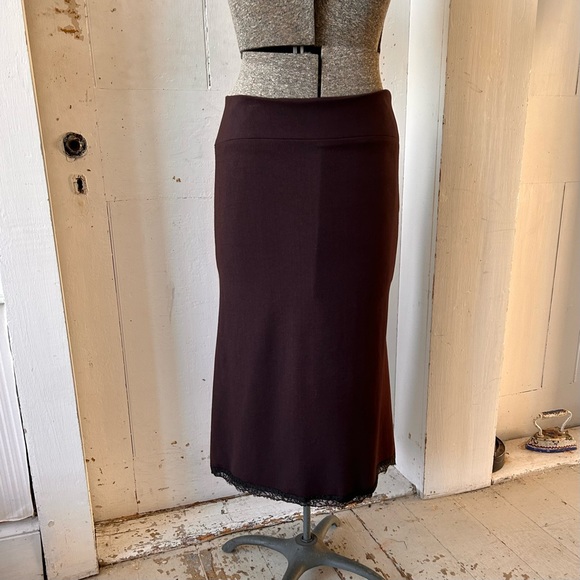 Gizel Brown Gored Midi Skirt Eyelash Lace Trim - Picture 3 of 10